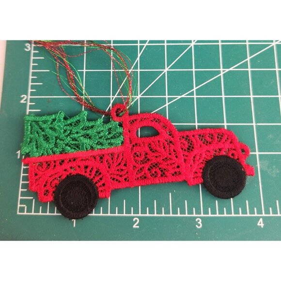Embroidered Red Truck Christmas Ornaments Set Of 2 Handmade - Picture 6 of 8